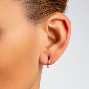 Gold Line Earrings, Elegant and Classy Studs, Simple Gold Tube Studs For Her, 9K,14K,18K, Modern Woman Earrings, Gift For Wife image 1