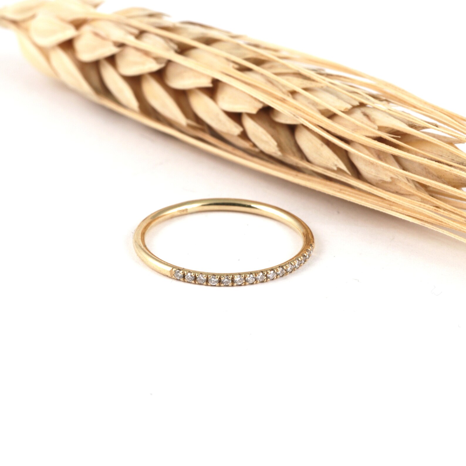 Thin Gold Wedding Band with Diamonds Gold Ring with 15 Tiny Etsy