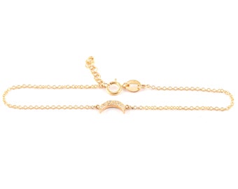 Solid Gold Moon Bracelet with Diamonds, Gold Moon, Diamond Moon, Gift for Wife, Minimalist Gold Bracelet, Celestial Jewelry, 9K, 14K, 18K