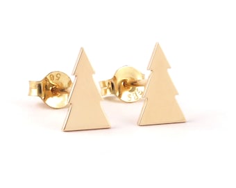 Gold Christmas Tree Gold Fir Studs, Minimalist Gift for Mountain Hiking Lover, Nature Lover and Ecologist Gift, Tree Earrings for Her