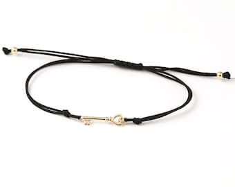 Solid Gold Key Bracelet,Key Bracelet, Love Key Bracelet, Cord Bracelet,Symbolic Gift, Lover Gift, Anniversary,String Bracelet,Minimalist,14K