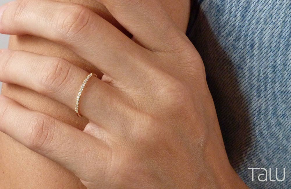 Thin Gold Wedding Band with Diamonds Gold Ring with 15 Tiny Etsy