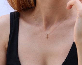 Gold Cross Pendant, Tiny Cross Charm, 9K,14K,18K, Baptism Cross, Christening Cross Necklace, Gift for Godmother or Goddaughter, Gift