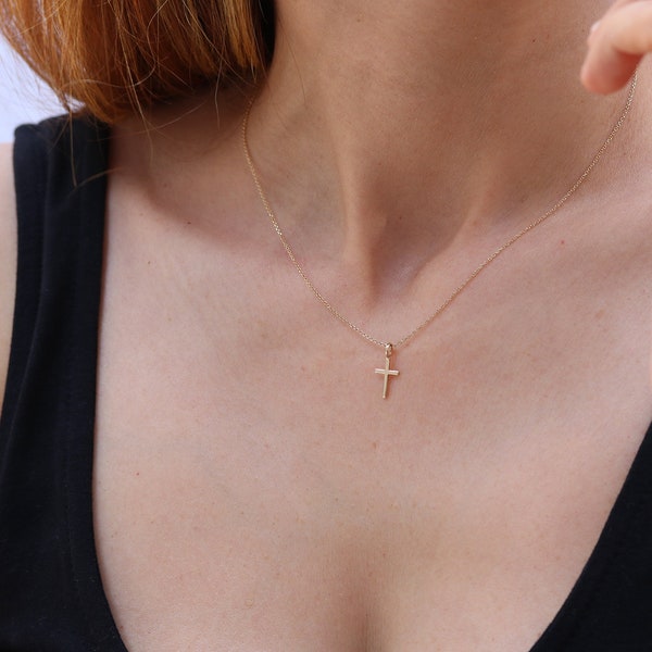 Gold Cross Pendant, Tiny Cross Charm, 9K,14K,18K, Baptism Cross, Christening Cross Necklace, Gift for Godmother or Goddaughter, Gift