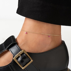 Solid Gold Anklet with Rubies, Tiny Rubies Anklet, Summer Style, Beach look, Chain Anklet with Stones, Girlfriend, 14K Anklet, Classy Jewel