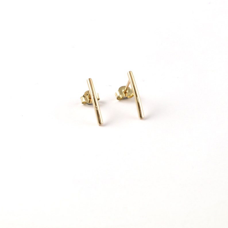 Gold Line Earrings, Elegant and Classy Studs, Simple Gold Tube Studs For Her, 9K,14K,18K, Modern Woman Earrings, Gift For Wife image 2
