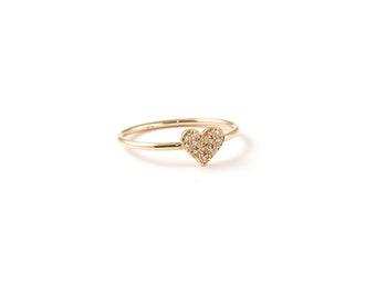 Gold Heart Ring with Diamonds, Diamond Heart Ring, Mother Symbolic Gift, Prom Night Ring, Lover Gift for Girlfriend, 9K,14K,18K Jewel