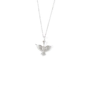 May include: A silver necklace with a delicate bird pendant. The bird has detailed wings and a small body.
