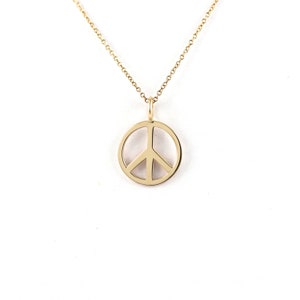 Collana con simbolo di pace in oro massiccio, ciondolo con simbolo di pace in oro, regalo di collana di pace delicata, gioiello minimalista in oro per la pace, regalo per idealista, 9K, 14K, 18