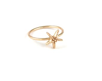 14K Solid Gold Starfish Ring: Ocean Sea Life Jewelry