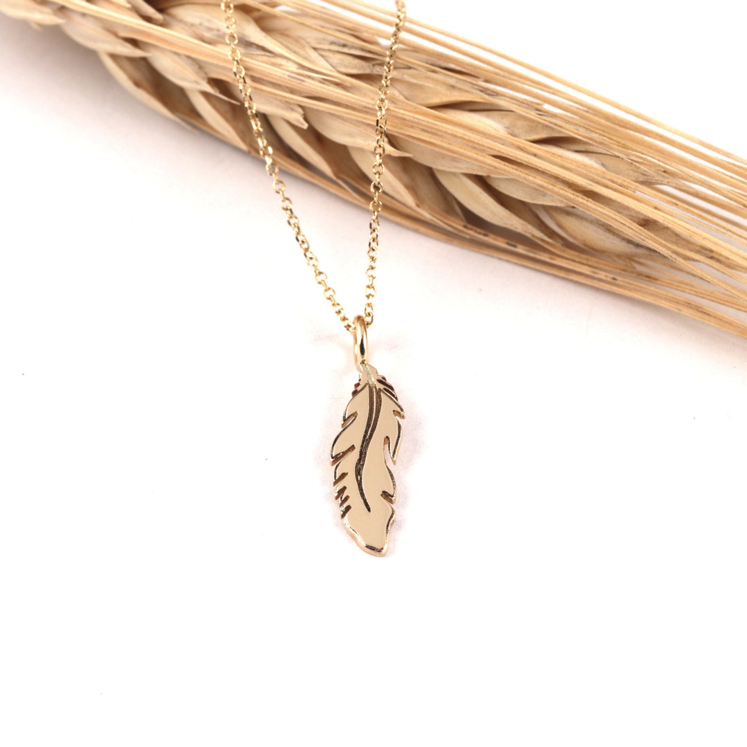 Gold Feather Pendant Feather Necklace Boho Style Etsy