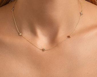 Solid Gold Star Station Necklace: Celestial Jewelry Gift
