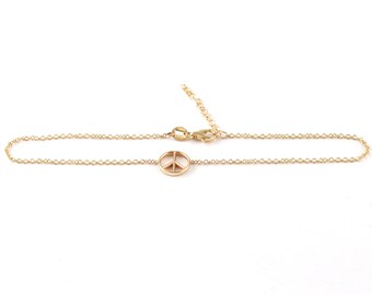 14K Solid Gold Peace Sign Anklet - Boho Hippie Jewelry