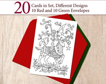 Coloring Christmas Cards Set, 20 Unique Designs, 10 Red and 10 Green Envelopes Included, Set “Christmas B2”