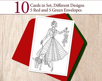 Coloring Christmas Cards Set, 10 Unique 1950’s Inspired Designs, 5 Red and 5 Green Envelopes Included, Set "Christmas E1"