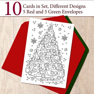 Coloring Christmas Cards Set, 10 Unique Designs, 5 Red and 5 Green Envelopes Included, Set "Christmas C2"