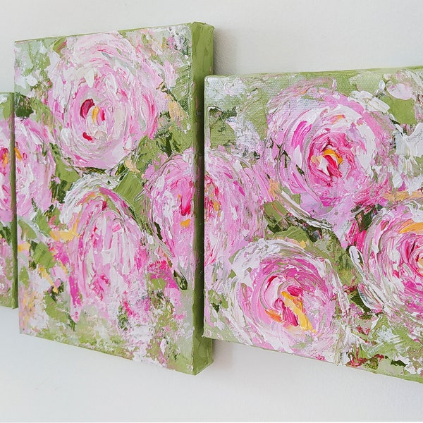 Peinture triptyque rose originale, lot de 3 peintures, triptyque floral, art mural triptyque, peinture florale, peinture florale