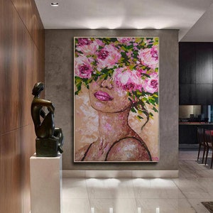 Woman with flower head Original canvas painting flowers woman art Woman Modern Wall Decor Floral Portrait Head of Flowers roses and woman