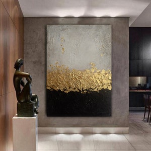 Art abstrait noir et or, peinture abstraite originale sur toile, peinture or, art mural or noir, peinture abstraite texturée or noir