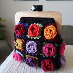 Crochet Rose Granny Square Clutch: Vintage Style Kiss Lock Bag