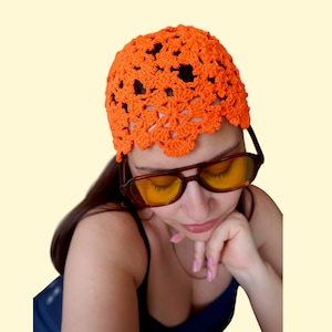 Neon Orange Crochet Mesh Hat , Retro Crochet Hat , Mesh Skull Cap , Crochet Summer Beanie , Netted Mesh Beanie , Women Lace Cap