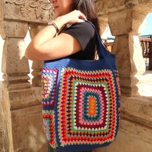 Blue Crochet Granny Square Bag: Handmade Cotton Tote