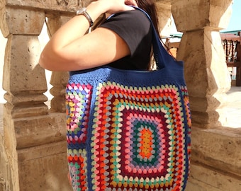 Blue Crochet Granny Square Bag: Handmade Cotton Tote