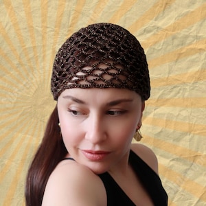 Brown Crochet Mesh Hat , Retro Crochet Hat , Mesh Skull Cap , Crochet Summer Beanie , Netted Mesh Beanie , Women Lace Cap