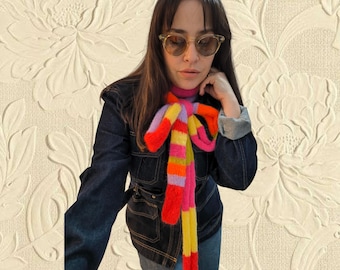 Hand Knitted Mohair Skinny Scarf: Multicolor Fashion Scarf