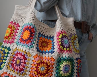 Handgemachte Grandma Square Häkeltasche: Boho Cotton Tote