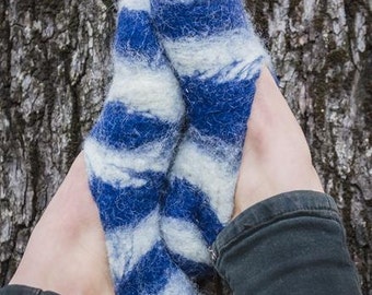 Warm slippers for the winter/Blue & white striped felt Slippers/slippers/Idea for gift/Eco friendly wool gift