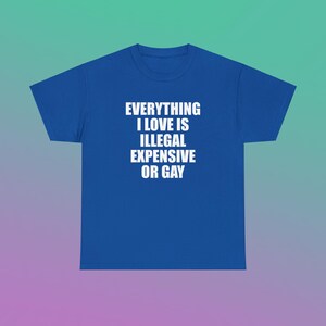 Everything I Love Is Illegal Expensive Or Gay Unisex Heavy Cotton Tee Y2K Shirt Iconic Funny Meme Club Party Bar Cute Top Viral Edgy Gift