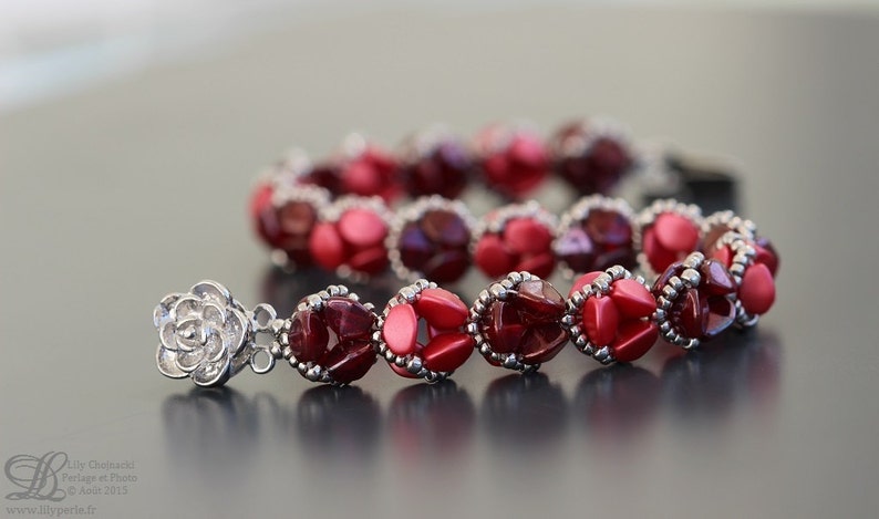 Pink and Red romantic gift oval beads Czech glass seed beads palladium flower clasp bracelet two rows