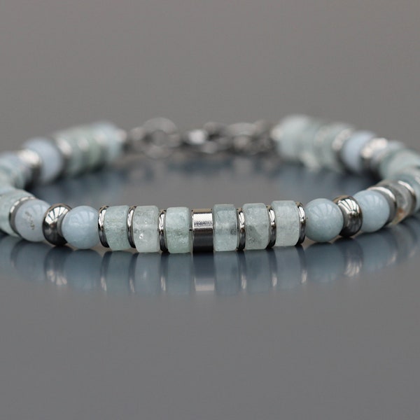 Aquamarine and stainless steel bracelet for women. Stainless steel findings