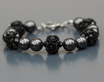 Bracelet original noir pour Femme en cristal européen. Fermoir acier inoxydable