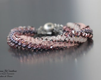 Bracelet spirale rose, violet et blanc pour Femme. Perles Cristal européen et rocailles Superduo. Fermoir aimanté inox