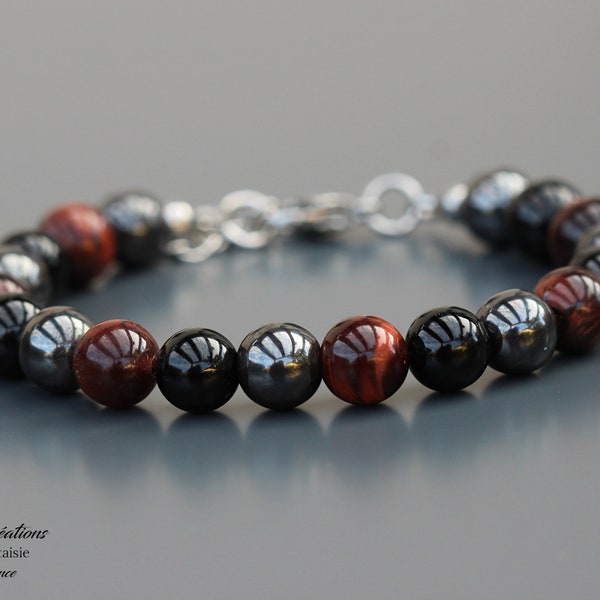 Bracelet Hématite, Onyx et Œil de taureau pour Femme. Fermoir mousqueton acier inoxydable