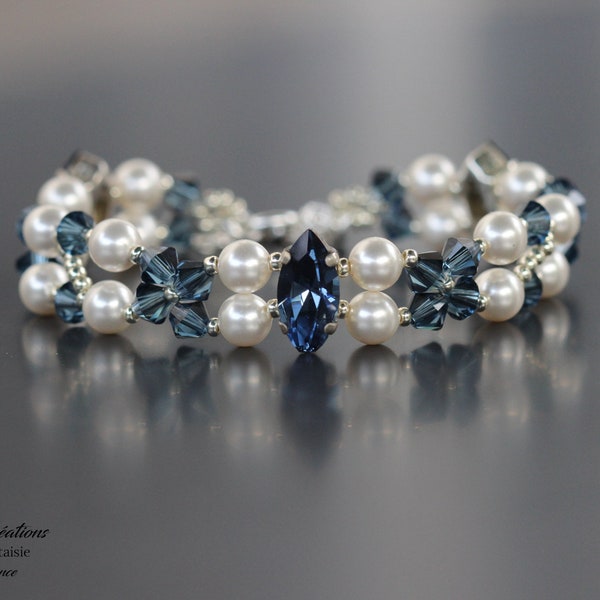 Bracelet Femme Cristaux bleus et Perles Cristal européen. Fermoir à ressort argent 925