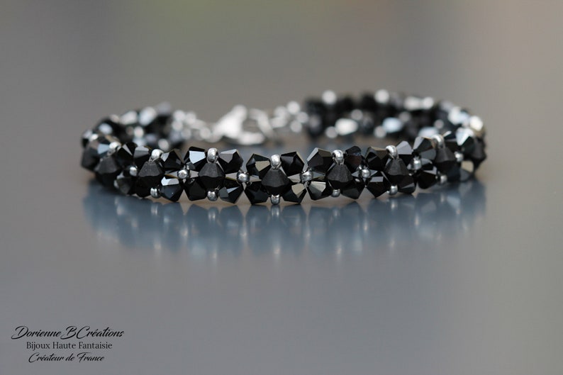 Bracelet Femme en Cristal européen et Rocailles Miyuki. Fermoir acier inoxydable Noir