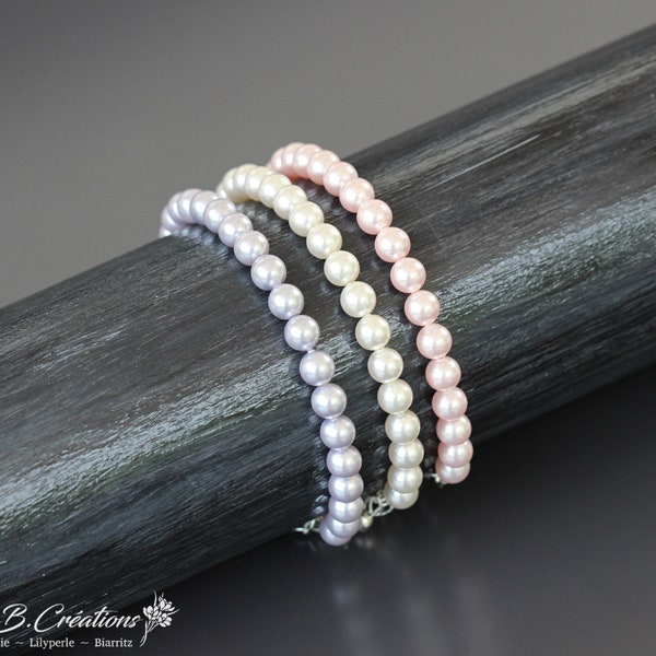 Bracelet Femme en Perles nacrées Cristal. Apprêts inox. Couleurs au choix rose, blanc, lavande