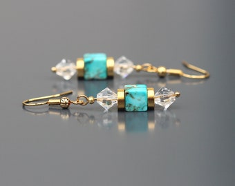 Boucles d’oreilles Jaspe impérial turquoise et Cristal pour Femme. Crochets Acier inoxydable doré.