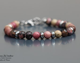 Bracelet Rhodonite pour Femme. Perles rondes sur fil câblé. Apprêts acier inoxydable