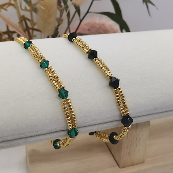 Bracelet minimaliste pour femme. Perles cristal vert ou noir et rocailles Miyuki
