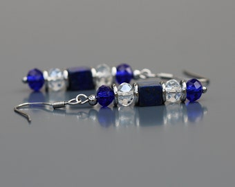 Boucles d’oreilles Lapis-lazuli et Cristal pour Femme. Crochets Acier inoxydable