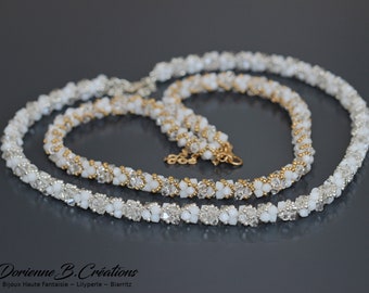 White necklace made of European crystal. Choice of gold or silver version