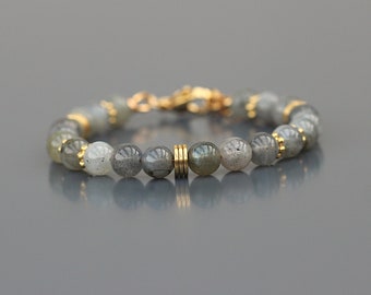 Bracelet Labradorite pour Femme. Perles rondes et Heishi inox doré.