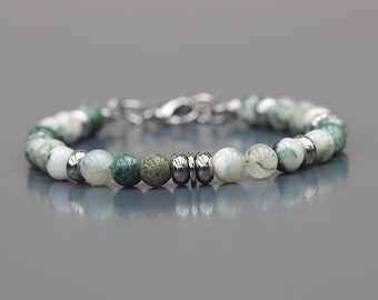 Bracelet Agate arbre pour Femme. Perles rondes sur fil câblé et Heishi acier. Apprêts acier inoxydable