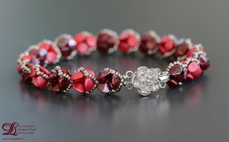 Pink and Red romantic gift oval beads Czech glass seed beads palladium flower clasp bracelet two rows