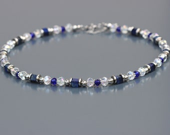 Collier Lapis-lazuli pour femme avec Perles cristal et Perles acier inox. Fermoir acier inoxydable.