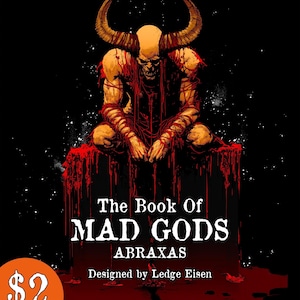 Puede incluir: Una portada de libro para colorear en escala de grises con un demonio rojo con cuernos sentado en una plataforma empapada de sangre. El título es "The Book of Mad Gods: Abraxas" con el texto "Designed by Ledge Eisen" debajo. El precio es de 2 €.